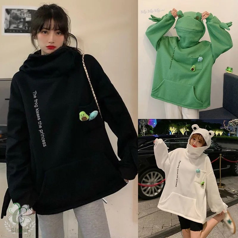 女性カエルフーディ 緑 長袖 韓国ファッション ストリートウェア ヴィンテージ カップル服 黒