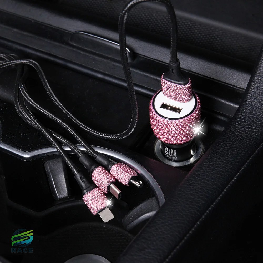 女性用USBカーチャージャー 2ポート急速充電アダプター ピンク 装飾 ダイヤモンドカーアクセサリー インテリアデザイン 5v 2.1a