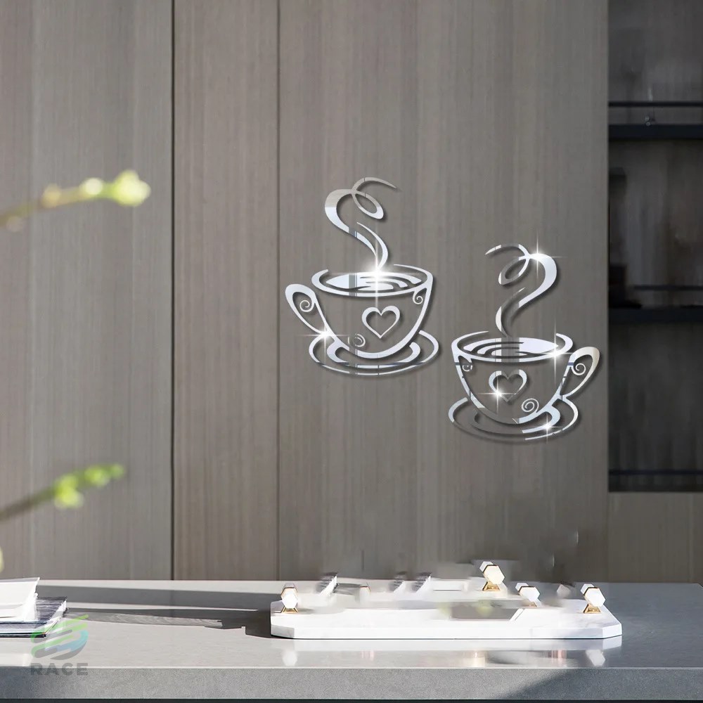 3D粘着性コーヒーカップ ミラー効果 室内装飾 キッチン レストラン カフェ装飾用粘着性3Dウォールステッカー